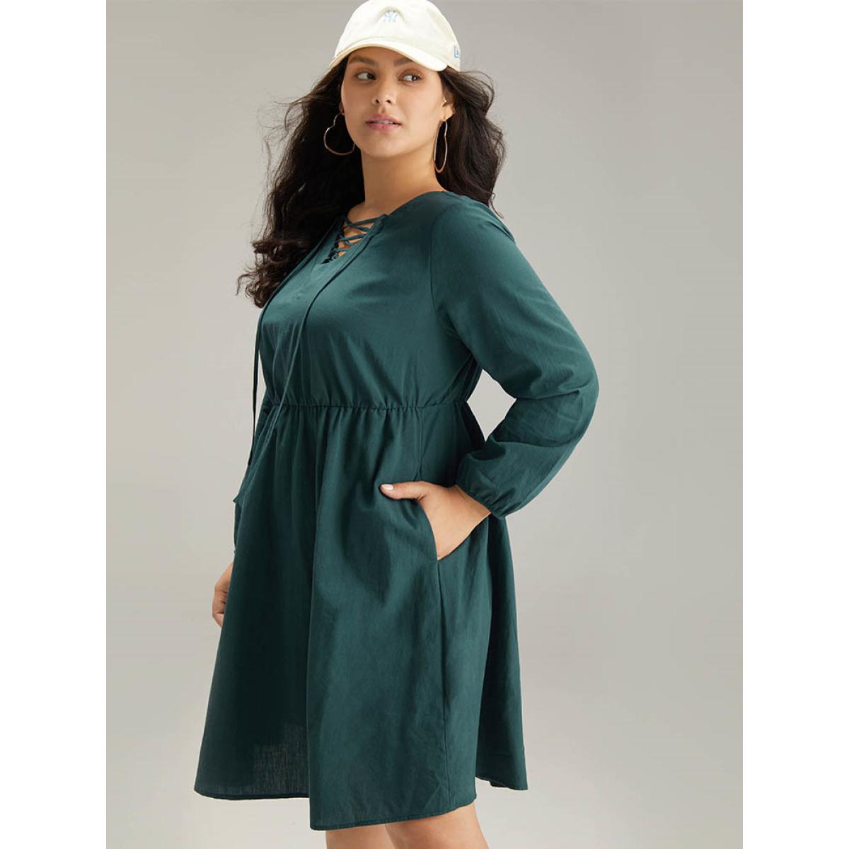 Plus Size Cotton Solid Lace Up Elastic Waist Dress DarkGreen Women Casual Elastic cuffs Tie Neck Long Sleeve Curvy Midi Dress BloomChic 18-20/2X Product Image