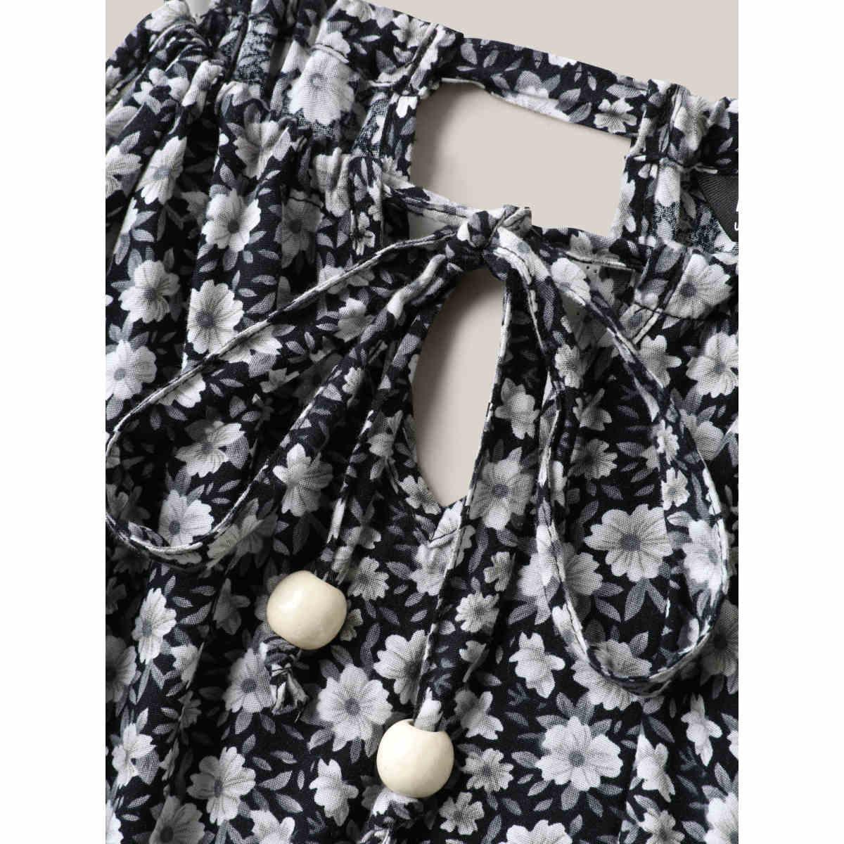 Plus Size BlackFlower Ditsy Floral Print Shirred Tie Jumpsuit Women Sleeveless Non Vacation Loose Jumpsuits BloomChic 12/L Product Image