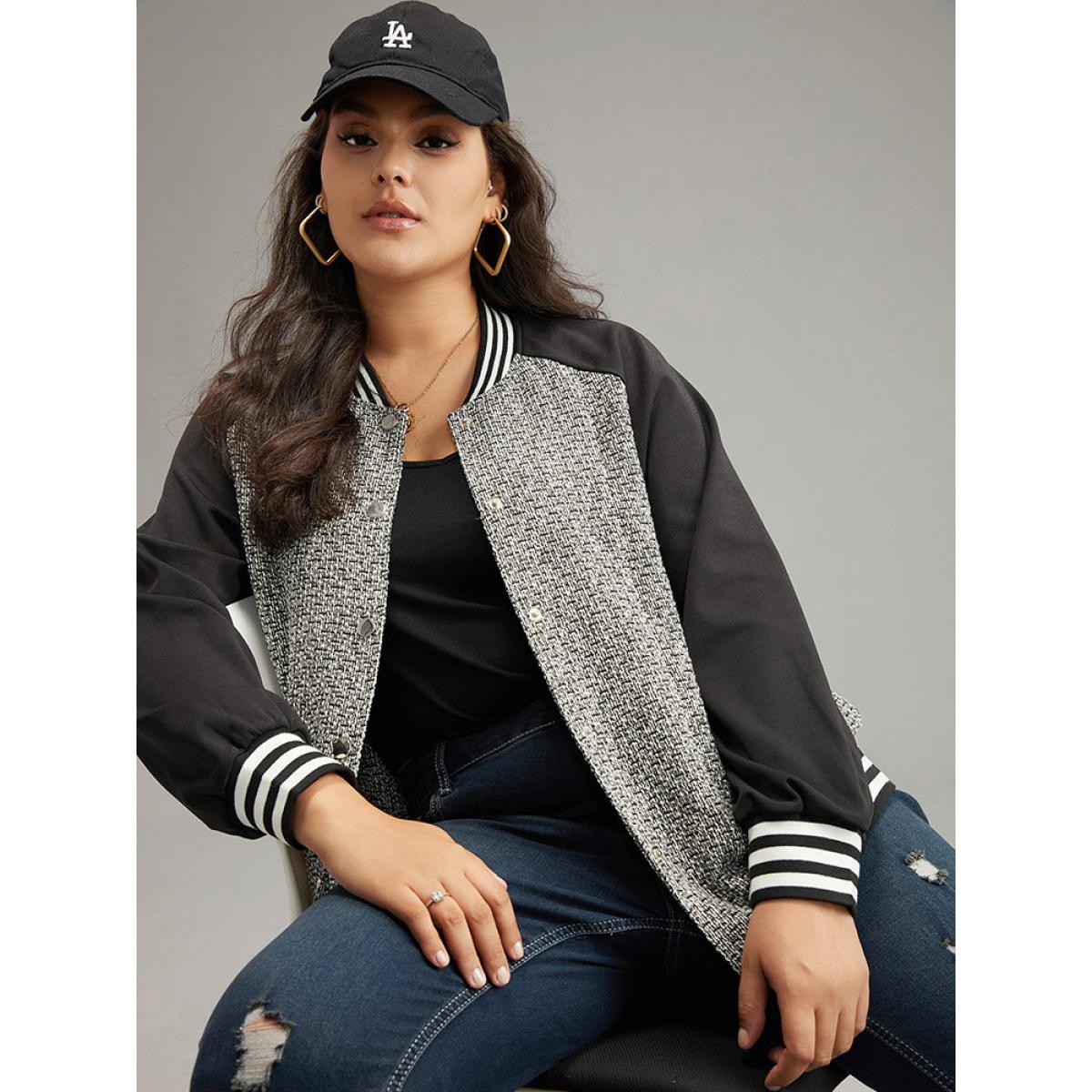 Plus Size Texture Patchwork Contrast Striped Button Up Jacket Women Black Elastic cuffs Pocket Everyday Jackets BloomChic 10/M Product Image