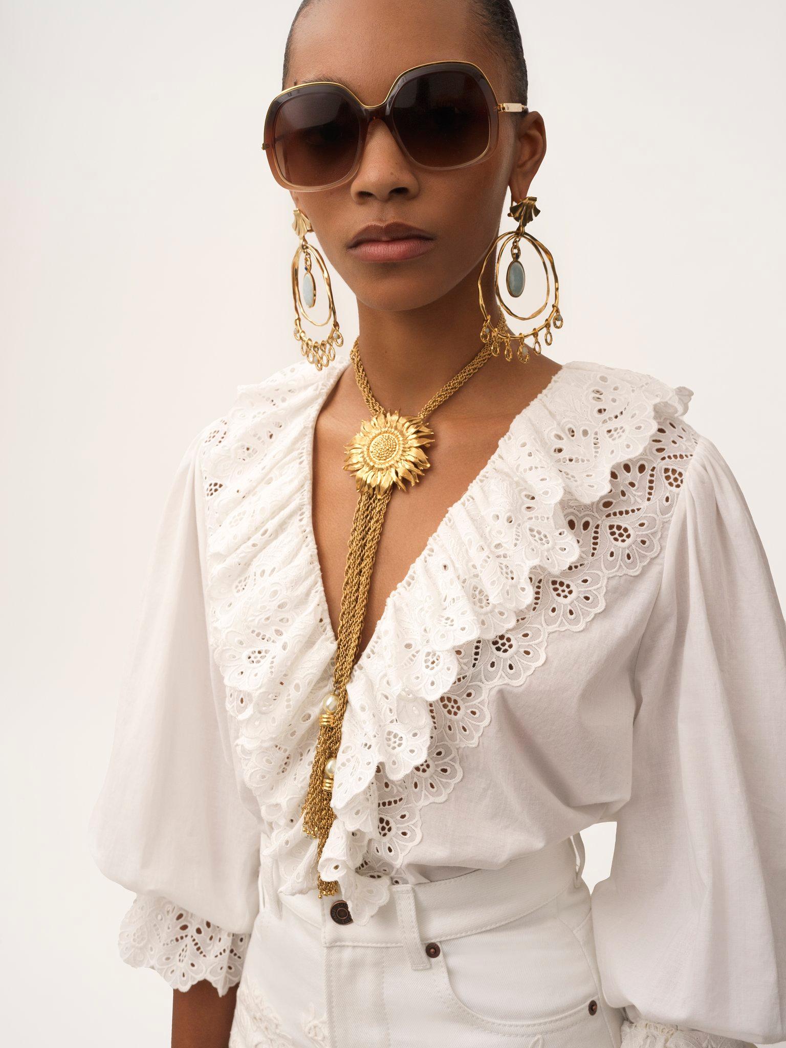 Puff-sleeve V-neck top in cotton voile Product Image