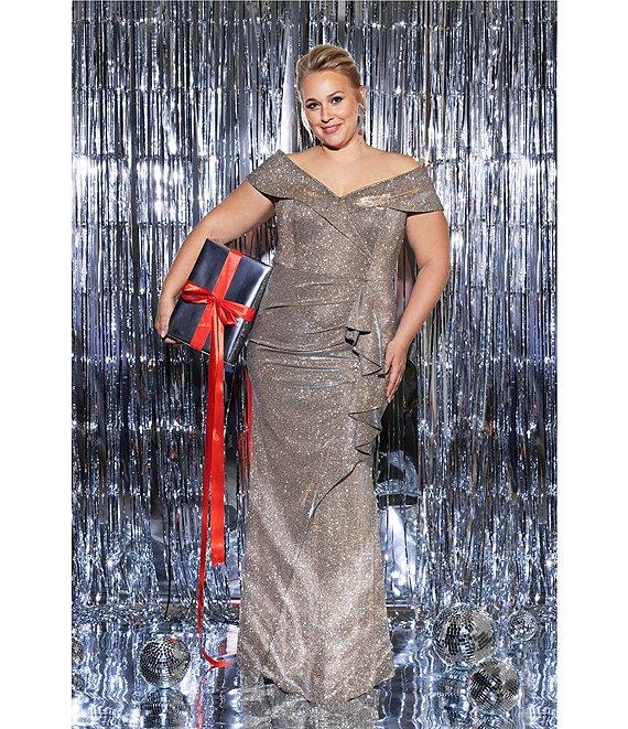 Xscape Plus Size Off-the-Shoulder Sweetheart Neck Short Sleeve Cascading Ruffle Sheath Dress Product Image