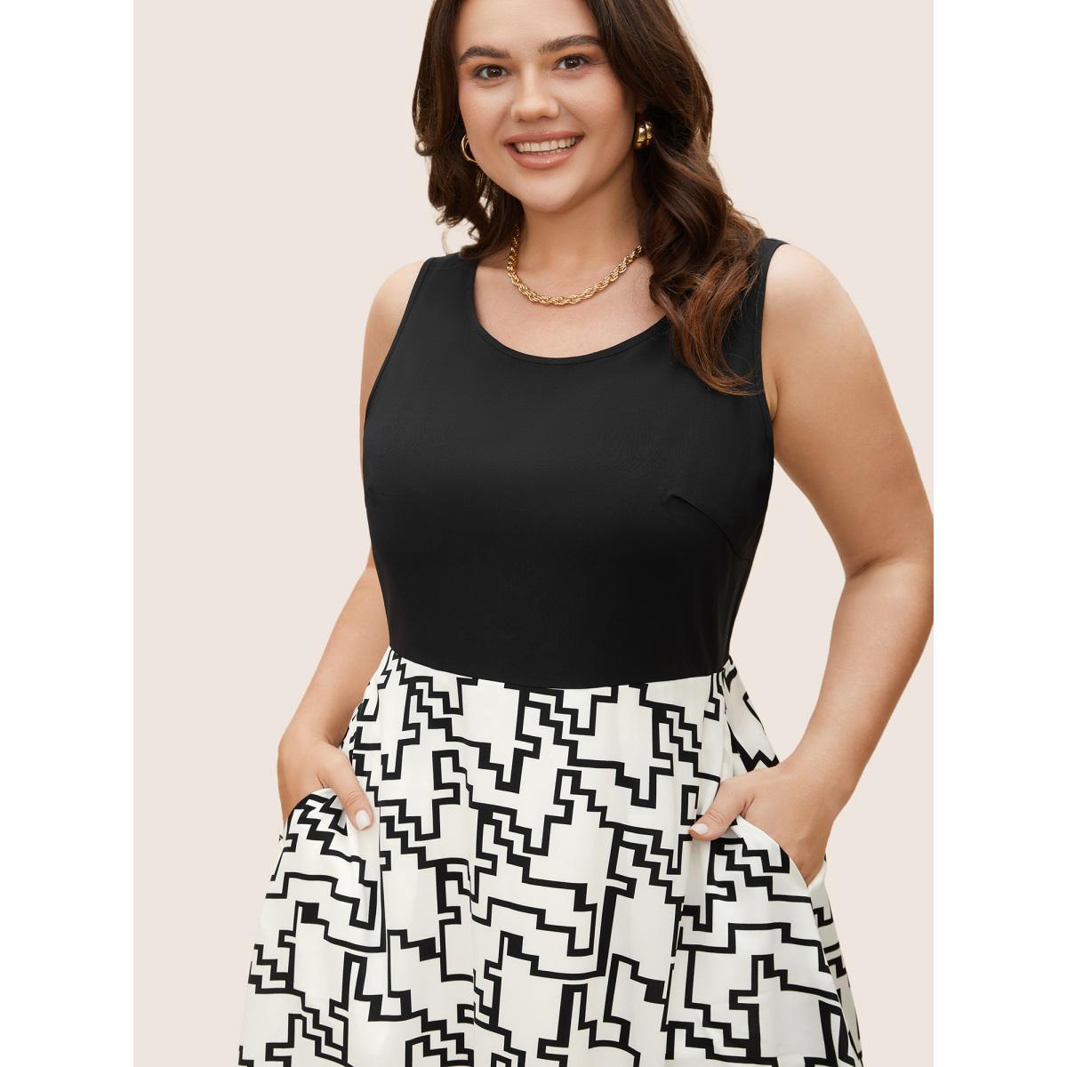 Plus Size Geometric Patchwork Crew Neck Tank Dress Black Women At the Office Contrast Round Neck Sleeveless Curvy BloomChic 12/L Product Image