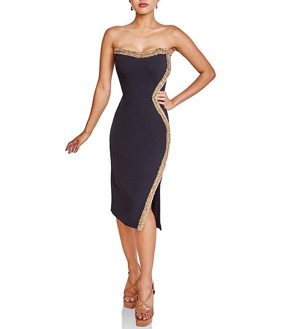 Terani Couture Beaded Trim Strapless Crepe Sheath Midi Dress Product Image