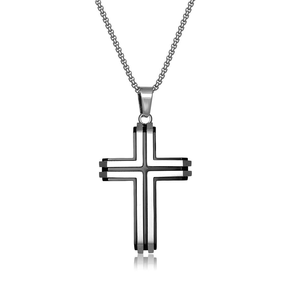 Men's LYNX Black Ion-Plated Stainless Steel Cross Pendant, Size: 24", Two Tone Product Image