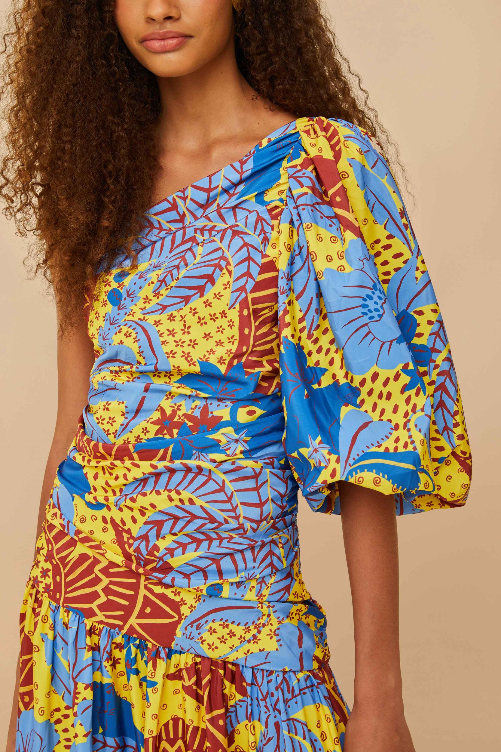 Yellow Jungle Panther One-Shoulder Midi Dress Product Image