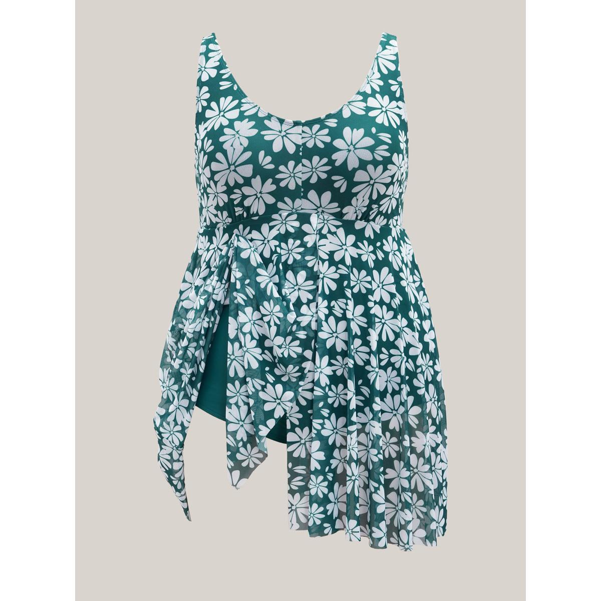 Plus Size Daisy Print Mesh Waist-Defining Swim Dress Women's Swimwear Truegreen Beach Bodycon U-neck High stretch Curve Swim Dresses BloomChic 18-20/2X Product Image