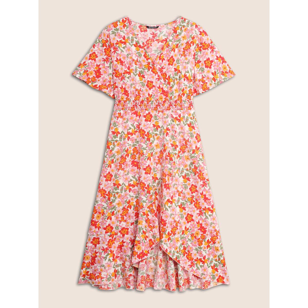 Plus Size Floral Shirred Wrap Hem Ruffle Sleeve Midi Dress Blush Women Elegant Shirred Overlap Collar Short sleeve Curvy BloomChic 26/4X Product Image