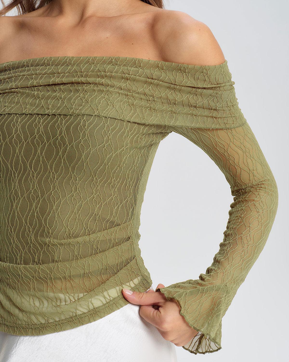 Green Off The Shoulder Bell Sleeve Tee Product Image