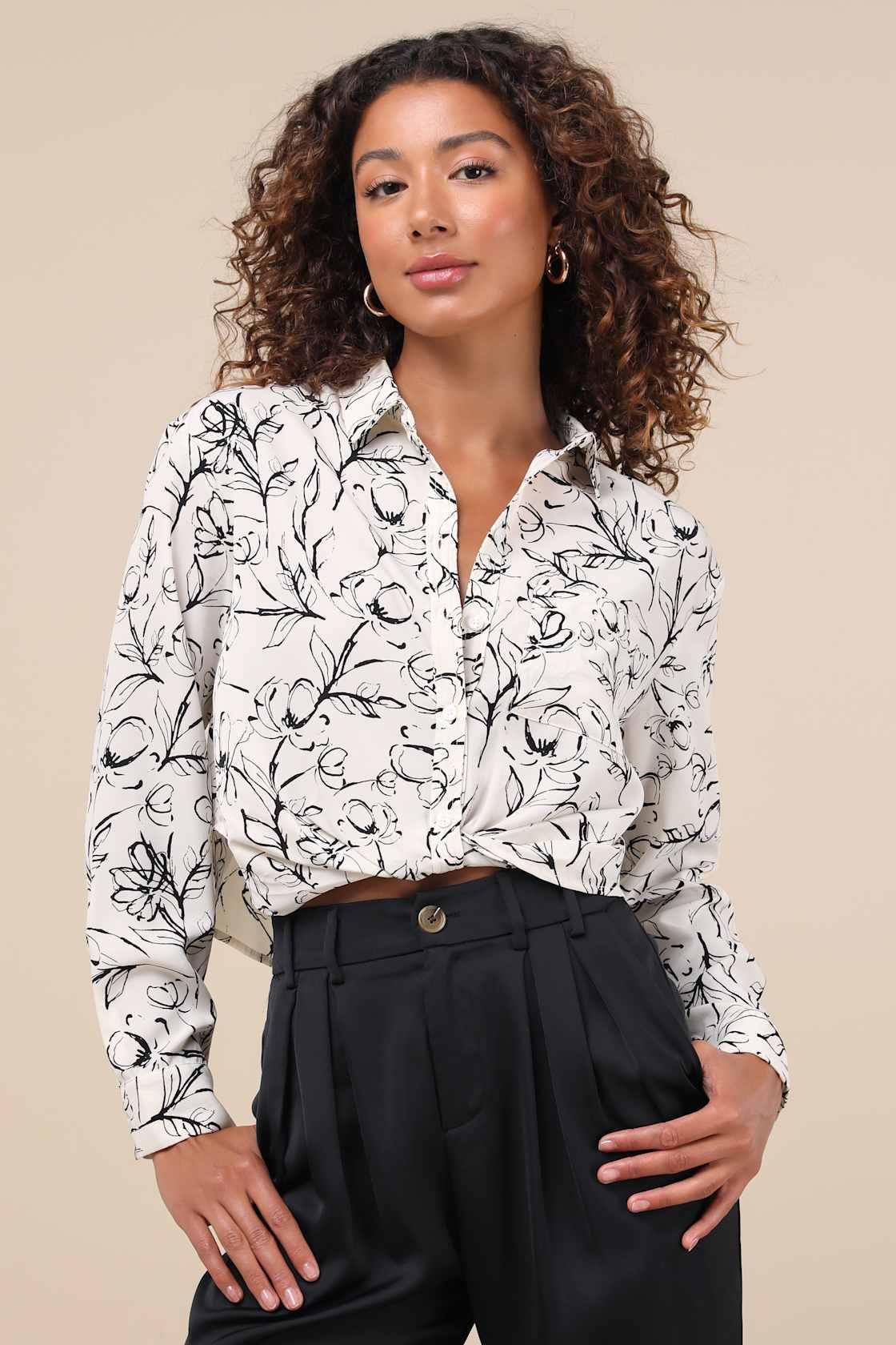 Artsy Attitude White Floral Collared Twist Hem Button-Up Top Product Image