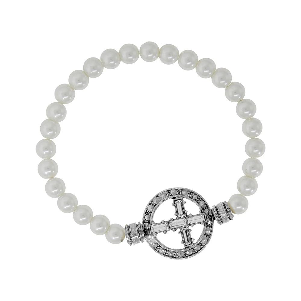 Symbols of Faith Gold Tone Crystal Cross Faux Pearl Stretch Bracelet, Women's, Silver Tone White Product Image