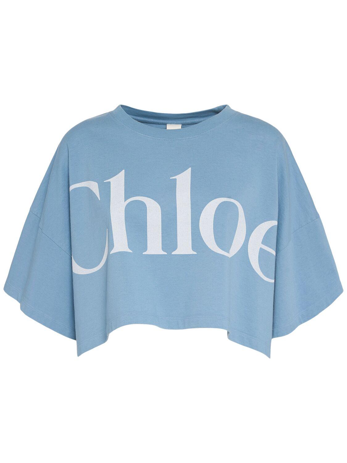 CHLOÉ Women Light Blue Jersey Cropped Logo T-shirt Product Image