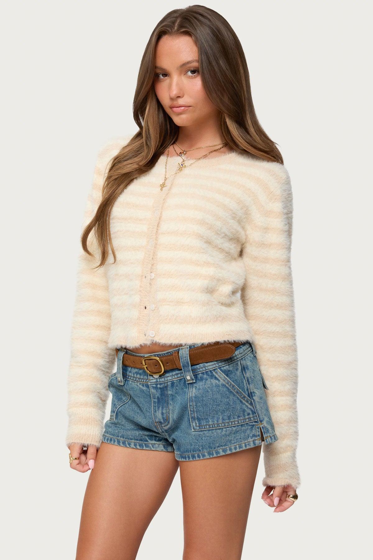 Aria Striped Fuzzy Knit Cardigan Product Image