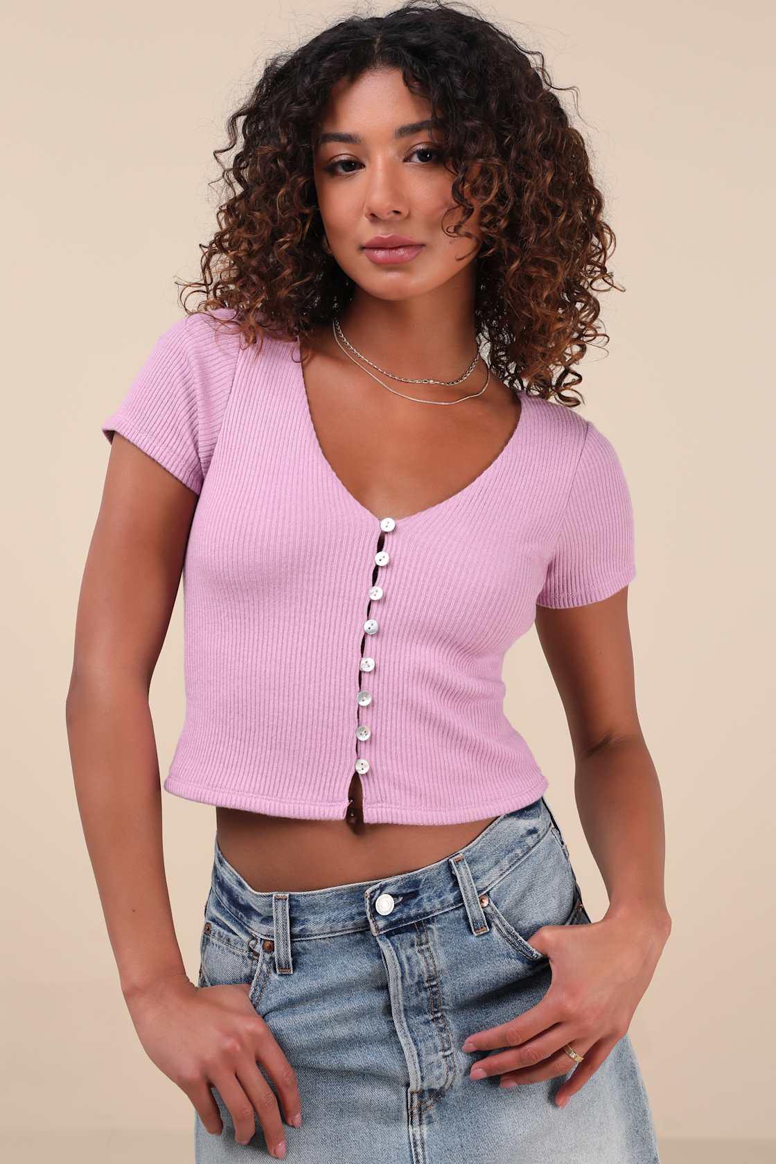 My Everyday Best Lilac Ribbed Short Sleeve Button-Front Top Product Image