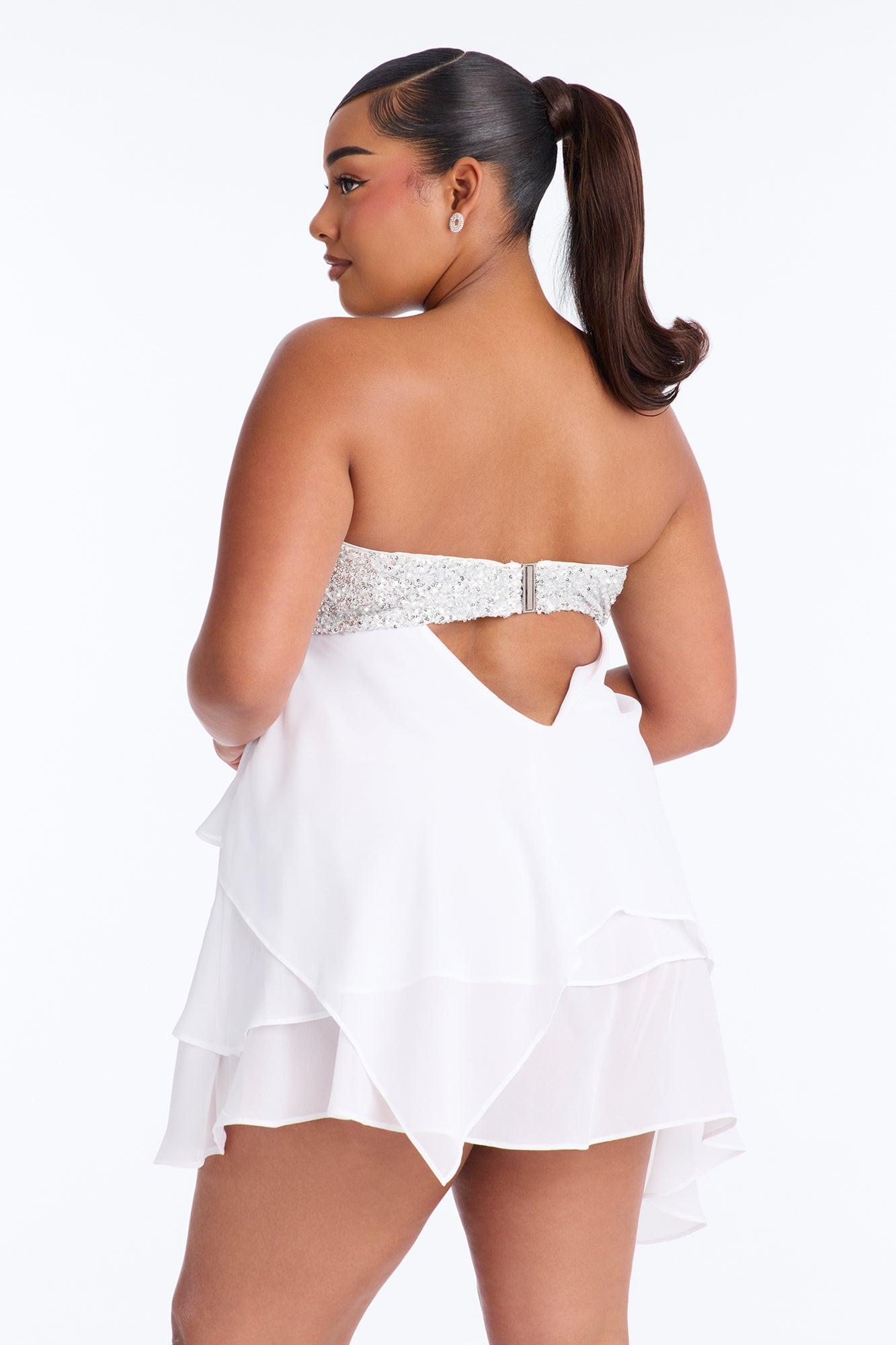 Timeless Sequin Trim Chiffon Mini Dress - White Female Product Image