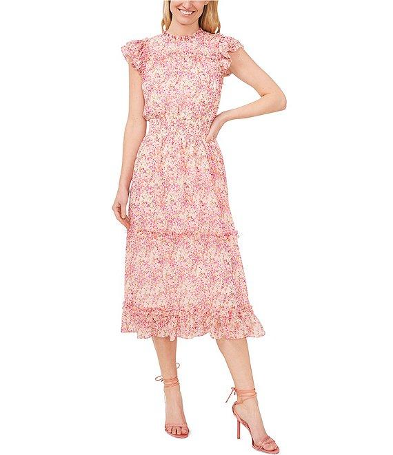 CeCe Floral Print Ruffle Round Neck Flutter Sleeve Smocked Midi A-Line Dress Product Image