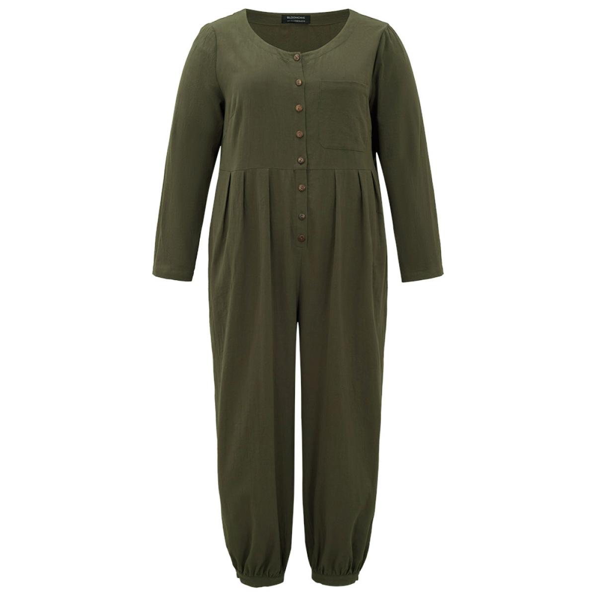 Plus Size ArmyGreen Plain Pocket Button Up Pleated Jumpsuit Women Basics Long Sleeve Round Neck Everyday Loose Jumpsuits BloomChic 28/5X Product Image