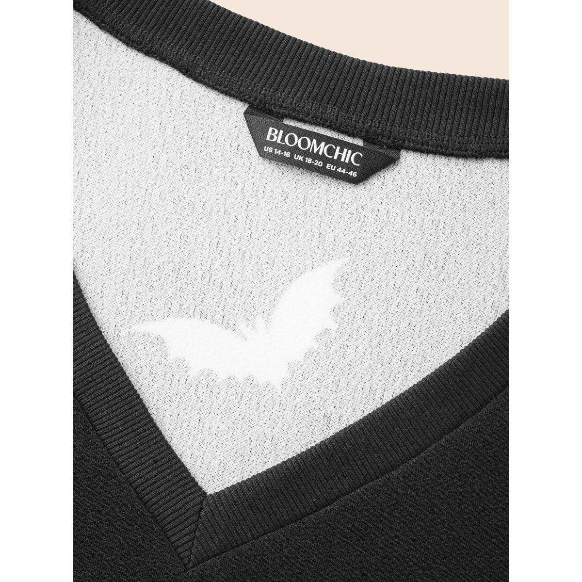 Plus Size Bat Print V-Neck Sweatshirt Women Black Casual Patchwork Loose V-neck Everyday Sweatshirts BloomChic 22-24/3X Product Image