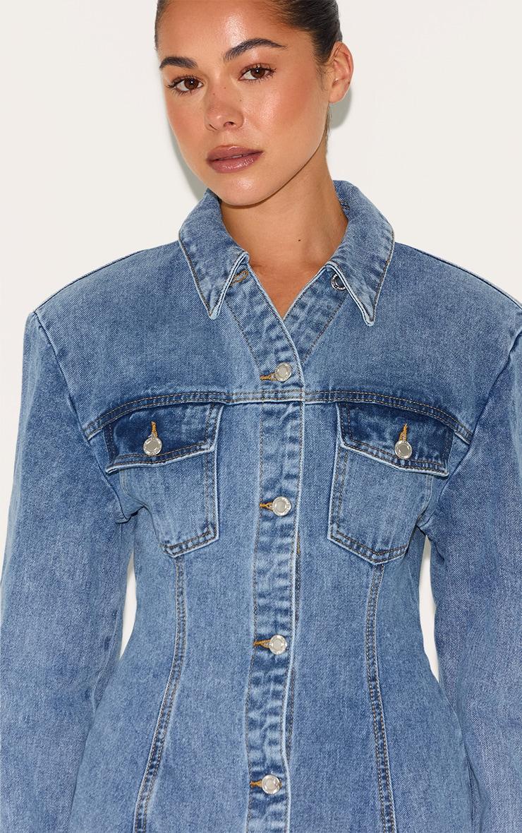 Mid Blue Wash Cinched Waist Denim Shirt Dress Product Image