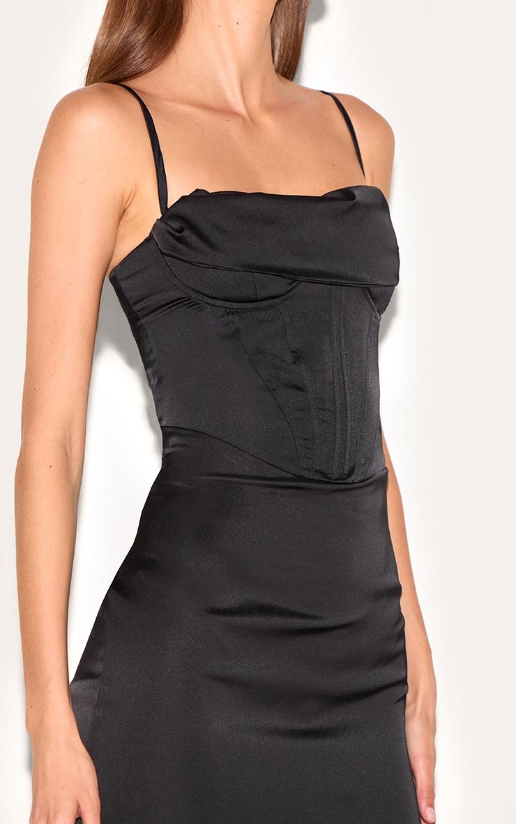 Black Strappy Satin Corset Drape Detail Midaxi Dress Product Image