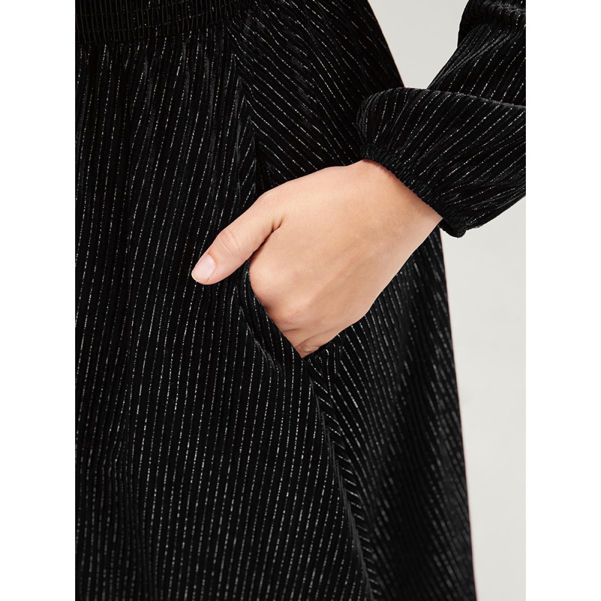 Plus Size Glitter Lantern Sleeve Surplice Neck Shirred Dress Black Women Party Plain V-neck Long Sleeve Curvy Knee Dress BloomChic 28/5X Product Image