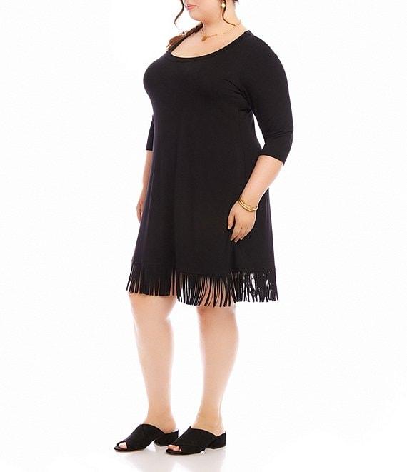 Karen Kane Plus Size Knit Jersey Scoop Neck 3/4 Sleeve Fringe Hem Dress Product Image