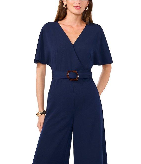 Vince Camuto Crinkle Twill V-Neck Short Sleeve Belted Wide Leg Jumpsuit Product Image