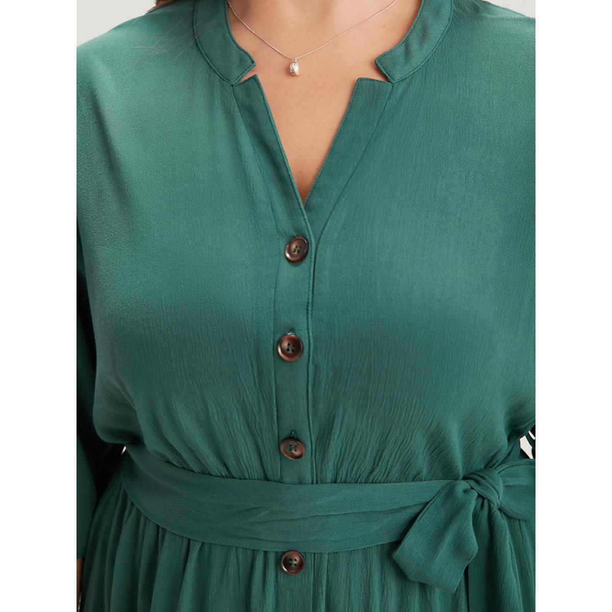 Plus Size Solid Button Detail Pocket Belted Notched Dress Emerald Women Office Plain Notched collar Elbow-length sleeve Curvy Midi Dress BloomChic 28/5X Product Image