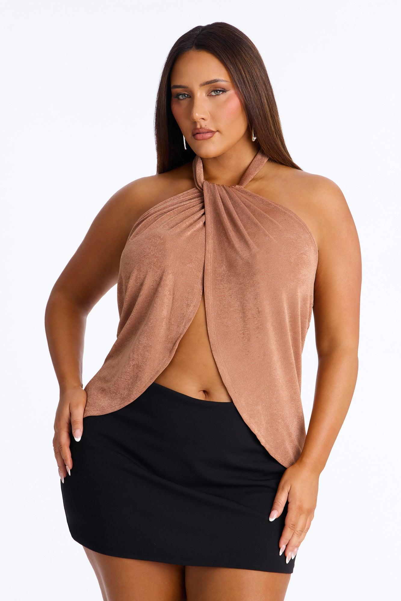 Your Desire Ruched Halter Flyaway Top - Mocha Female Product Image