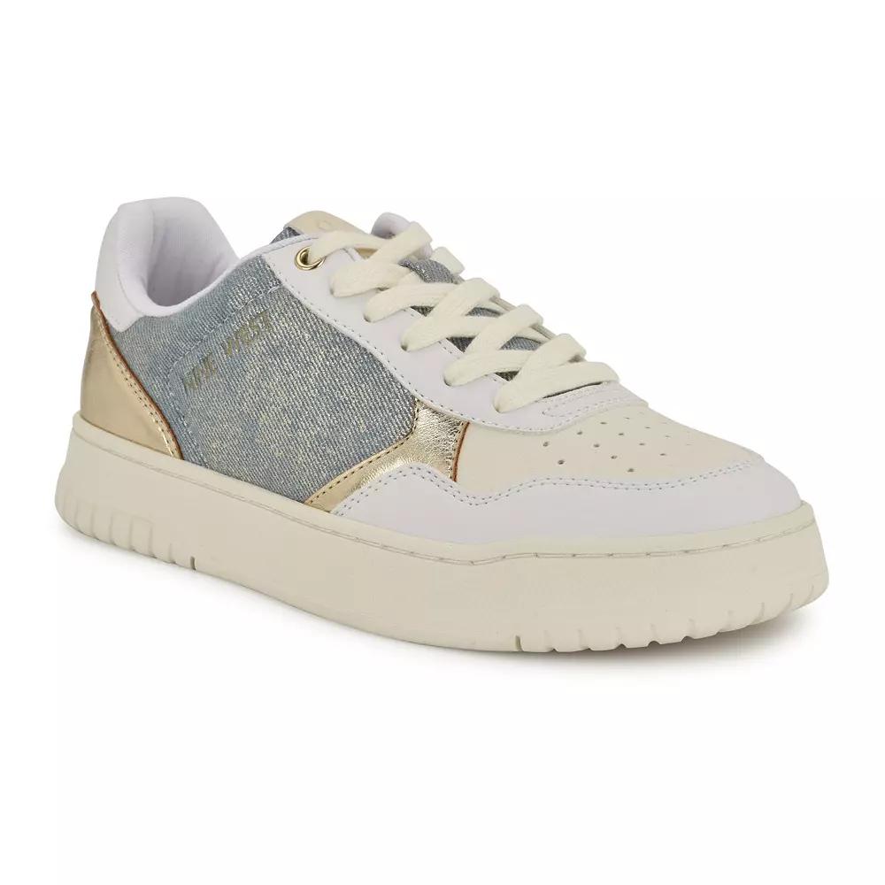 Nine West Nenya Casual Lace-Up Round Toe Sneakers, Women's, Size: 6, White Blue Gold Team Product Image