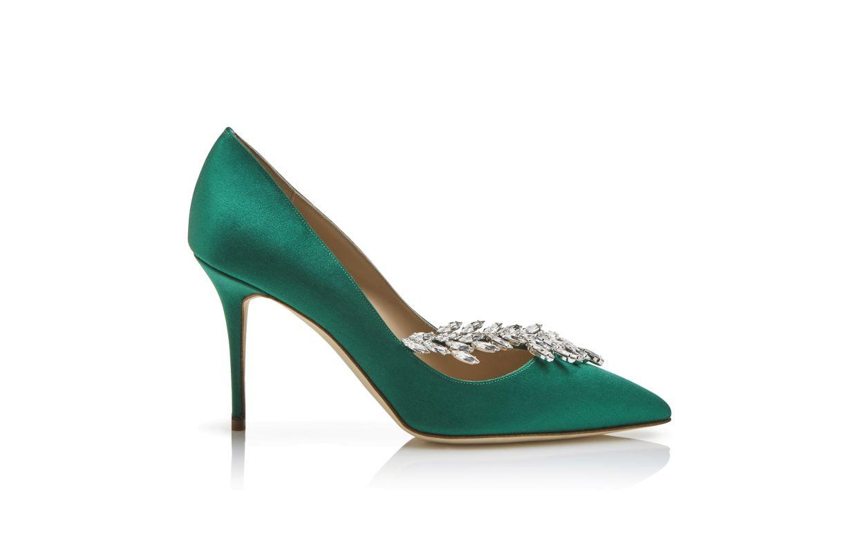 NADIRA Green Satin Jewel Buckle Pumps  Product Image