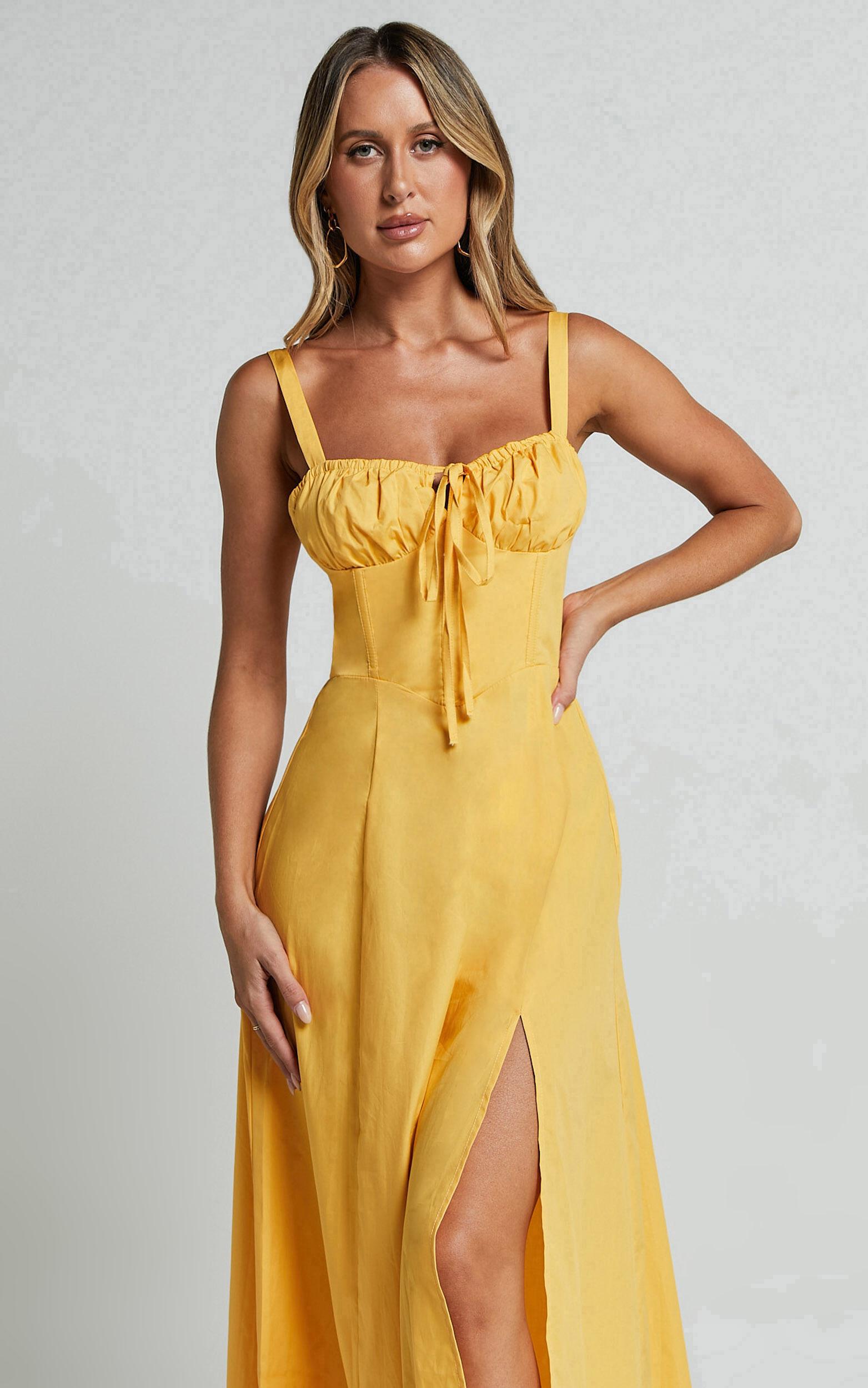Maiya Midi Dress - Tie Front Fitted Bodice Dress in Pineapple Product Image