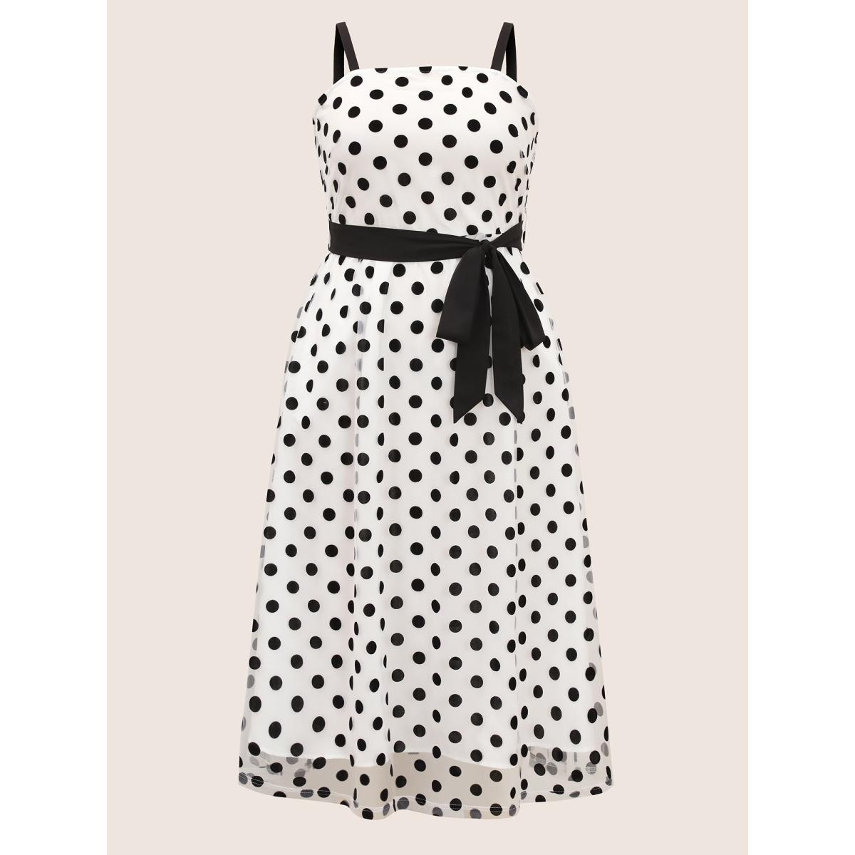 Plus Size Polka Dot Mesh Belted Cami Dress WhiteSmoke Women Elegant Woven ribbon&lace trim Non Sleeveless Curvy BloomChic 10/M Product Image