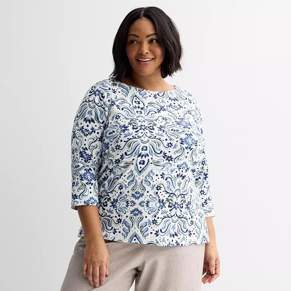 Plus Size Croft & Barrow® Boatneck Top, Women's, Size: 0X, Blue Ornate Floral Product Image