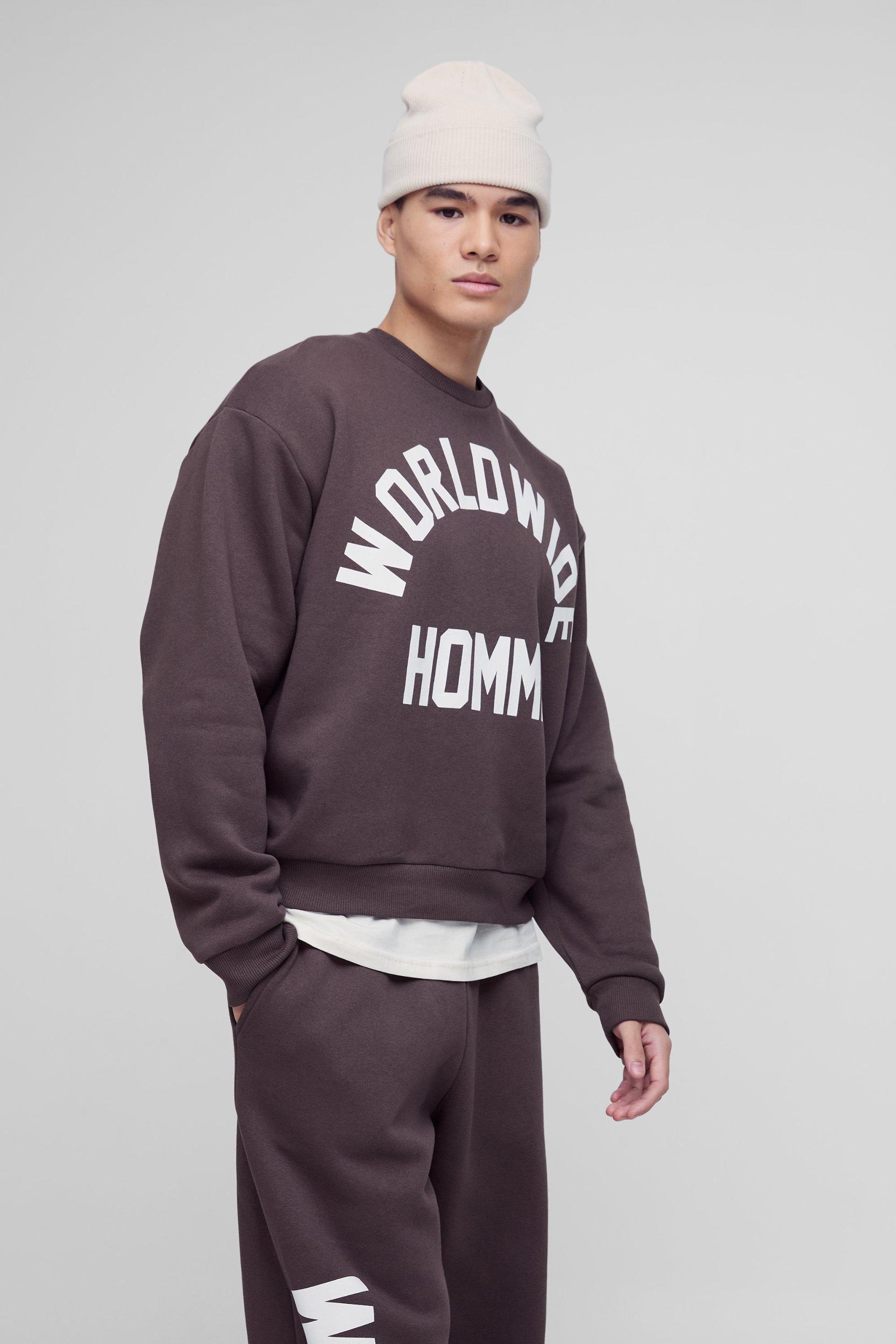 Oversized Boxy Sweatshirt Worldwide Print Tracksuit | boohooMAN USA Product Image