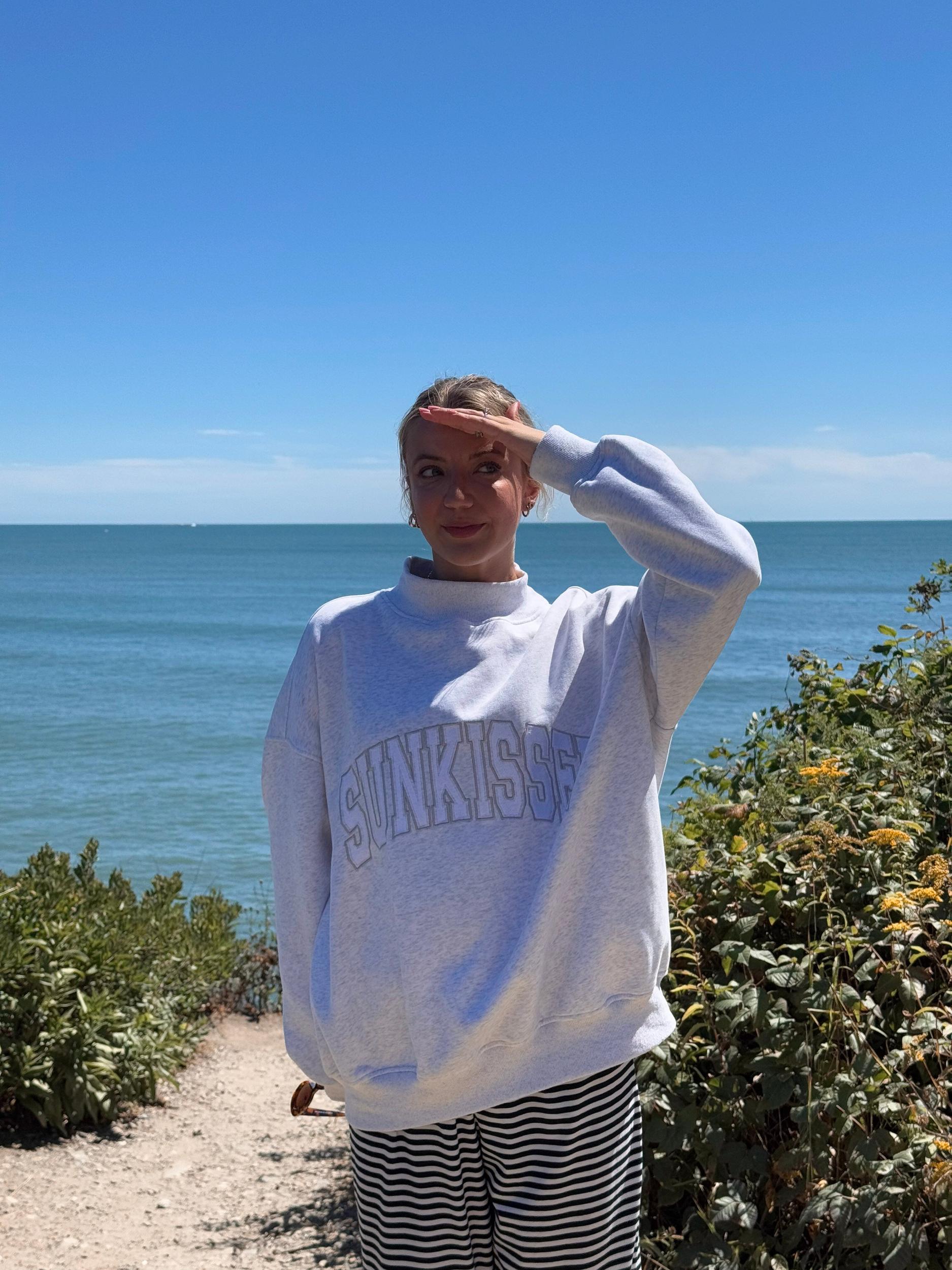 Pearl Grey Mockneck Sunkissed Varsity Embroider Sweatshirt Product Image