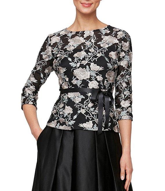 Alex Evenings 3/4 Sleeve Crew Neck Tie Waist Embroidered Floral Blouse Product Image