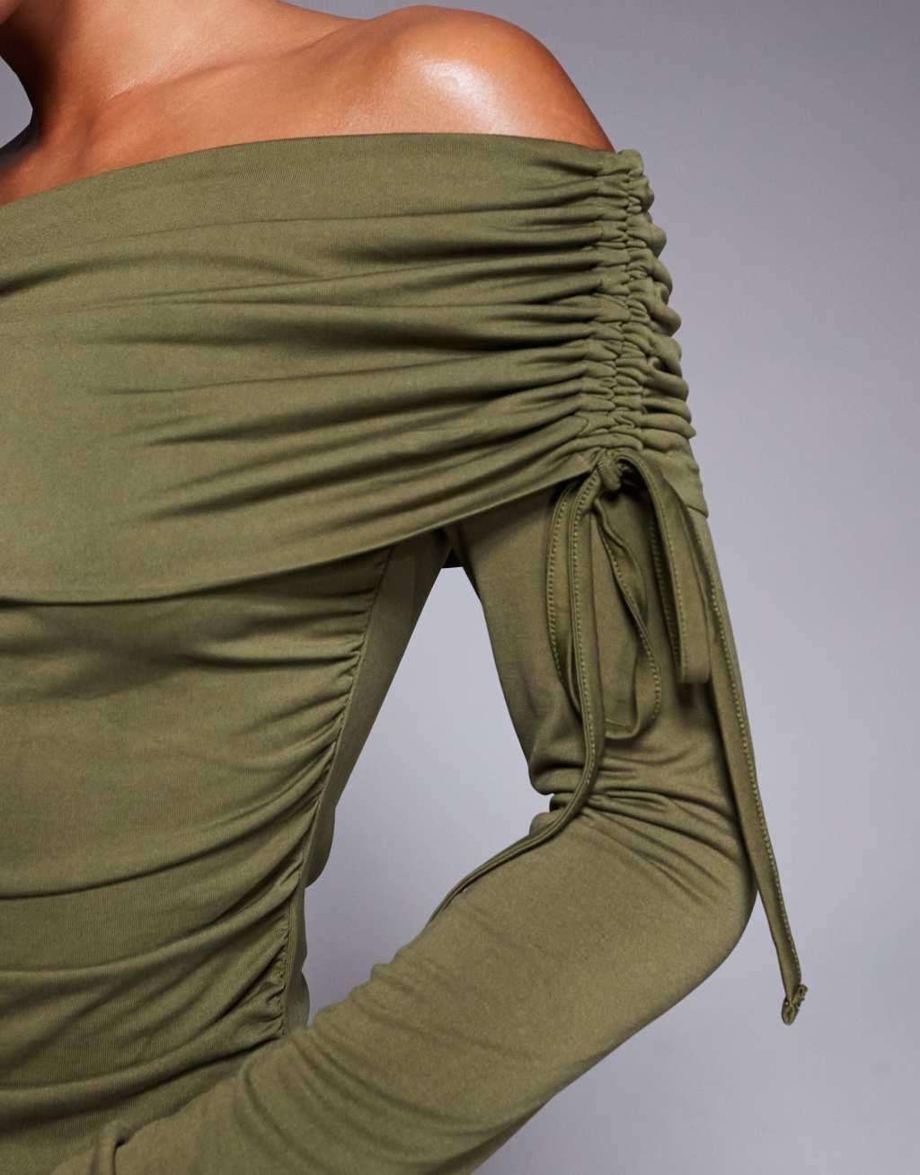 ASOS DESIGN soft handle off the shoulder ruched long sleeve top in olive Product Image
