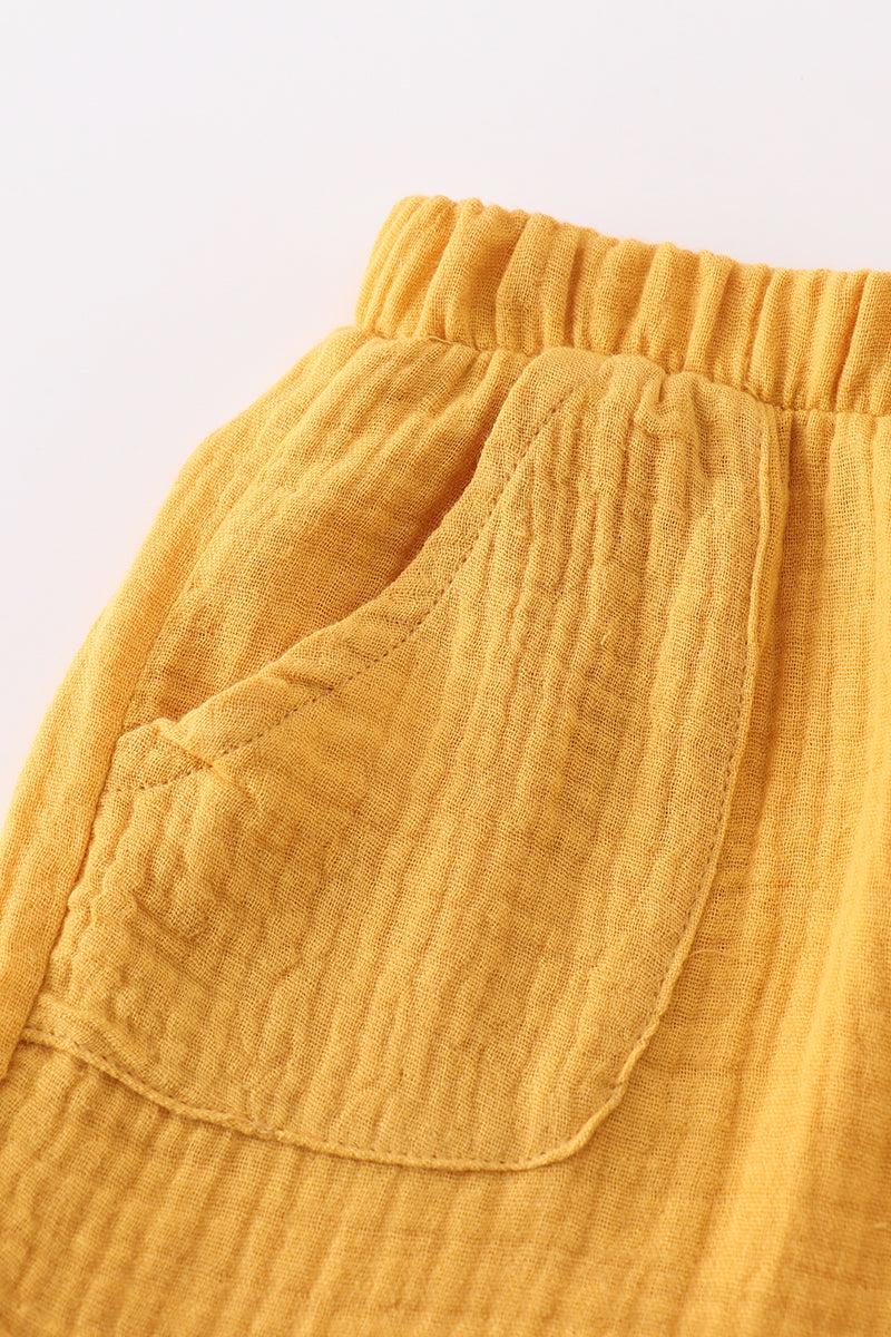Premium Yellow muslin bow shorts set Product Image