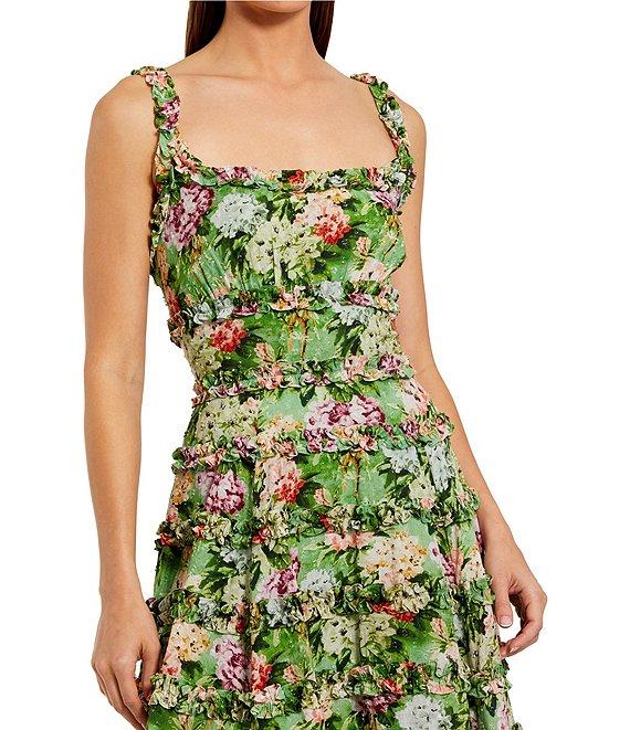 Mac Duggal Cotton Floral Print Square Neck Sleeveless Ruffle Trim A-Line Midi Dress Product Image