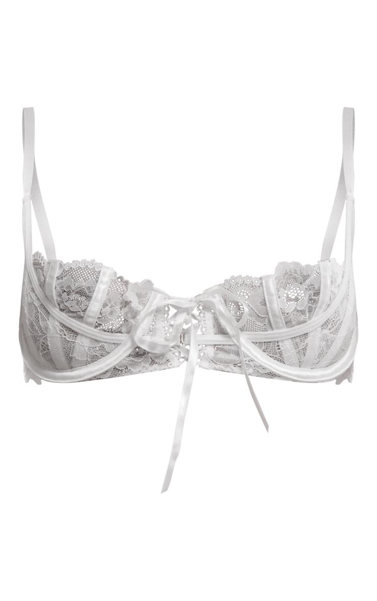 White Floral Lace Underwired Lace Up Detail Bra Product Image