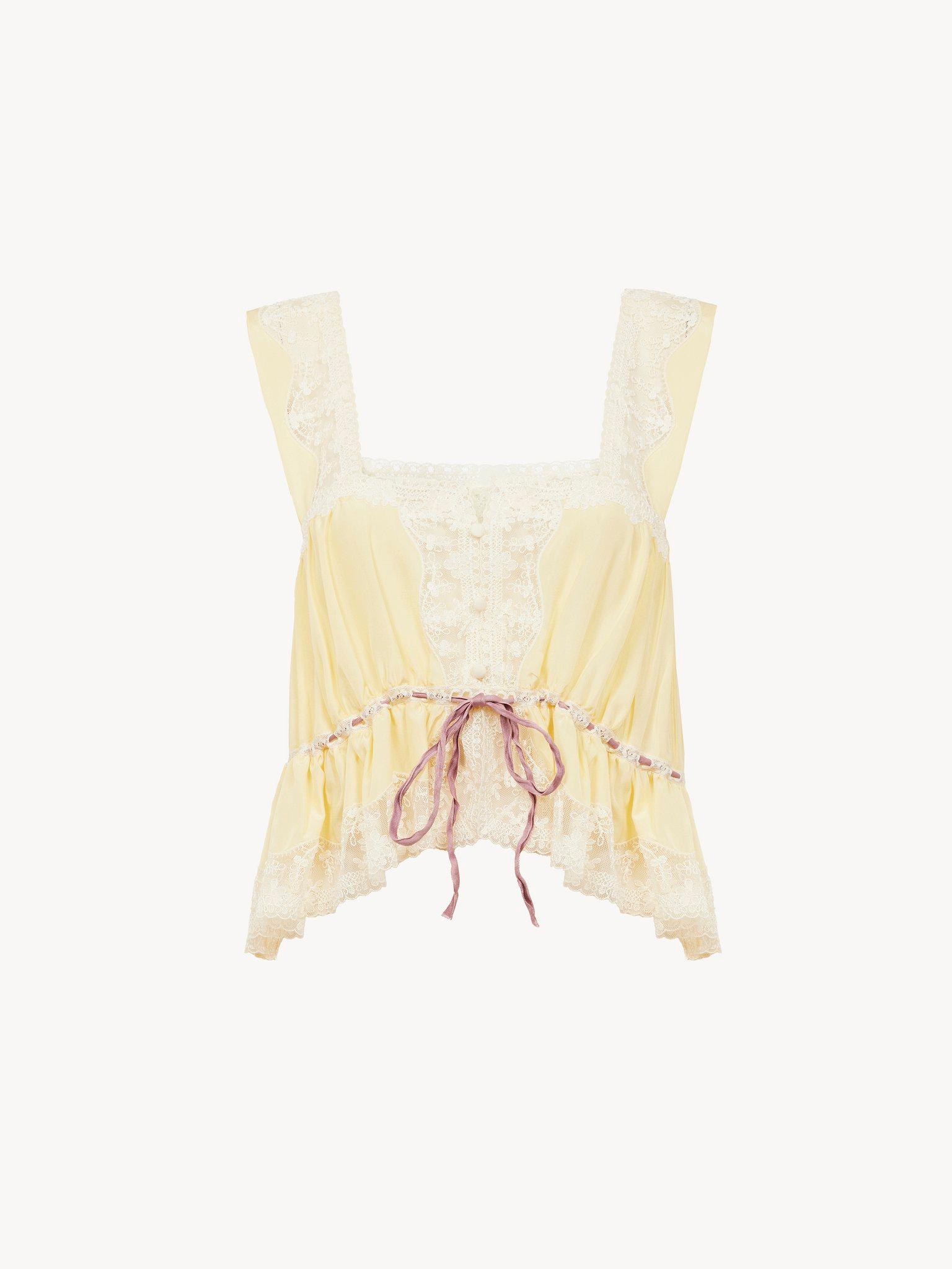 Square-neck cropped top in silk habotai & lace Product Image