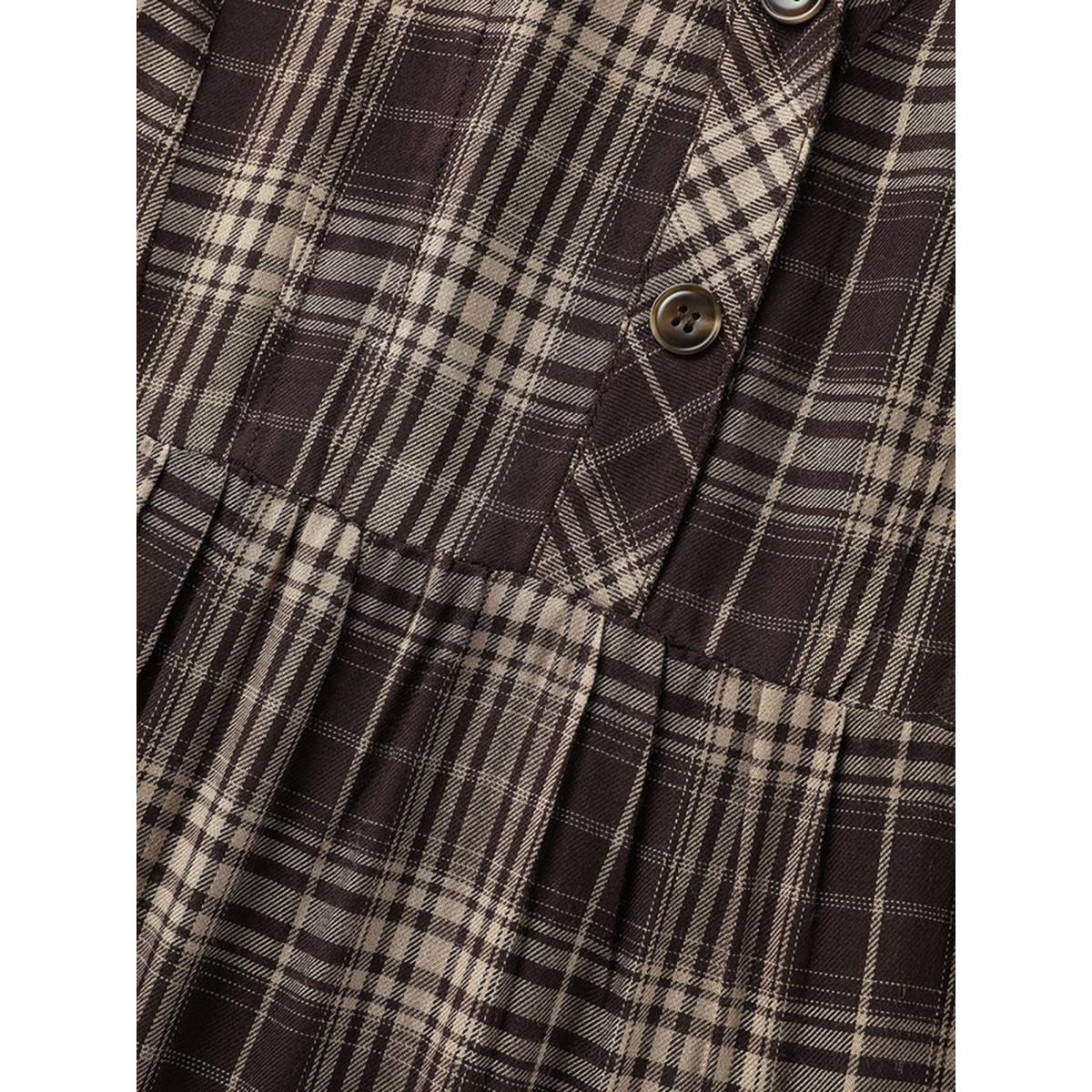 Plus Size DarkBrown Plaid Pleated Button Placket Blouse Women Elegant Elbow-length sleeve Flat collar with V-notch Everyday Blouses BloomChic 22-24/3X Product Image