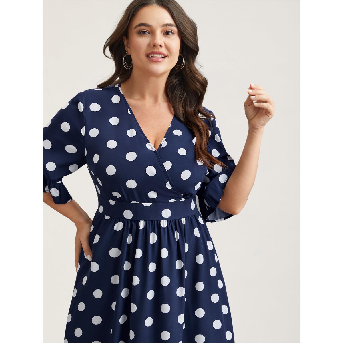 Plus Size Polka Dots Surplice Neck Waist-Cinched Dress Navy Women Elegant Ruffles Overlap Collar Elbow-length sleeve Curvy BloomChic 22-24/3X Product Image