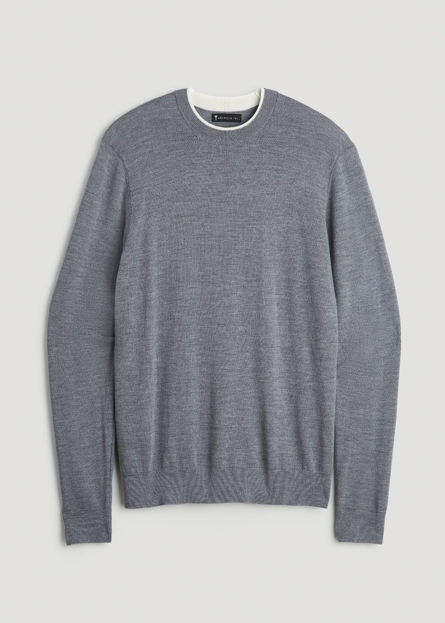 Merino Wool Crewneck Tip Sweater for Tall Men in Grey Mix Male Product Image
