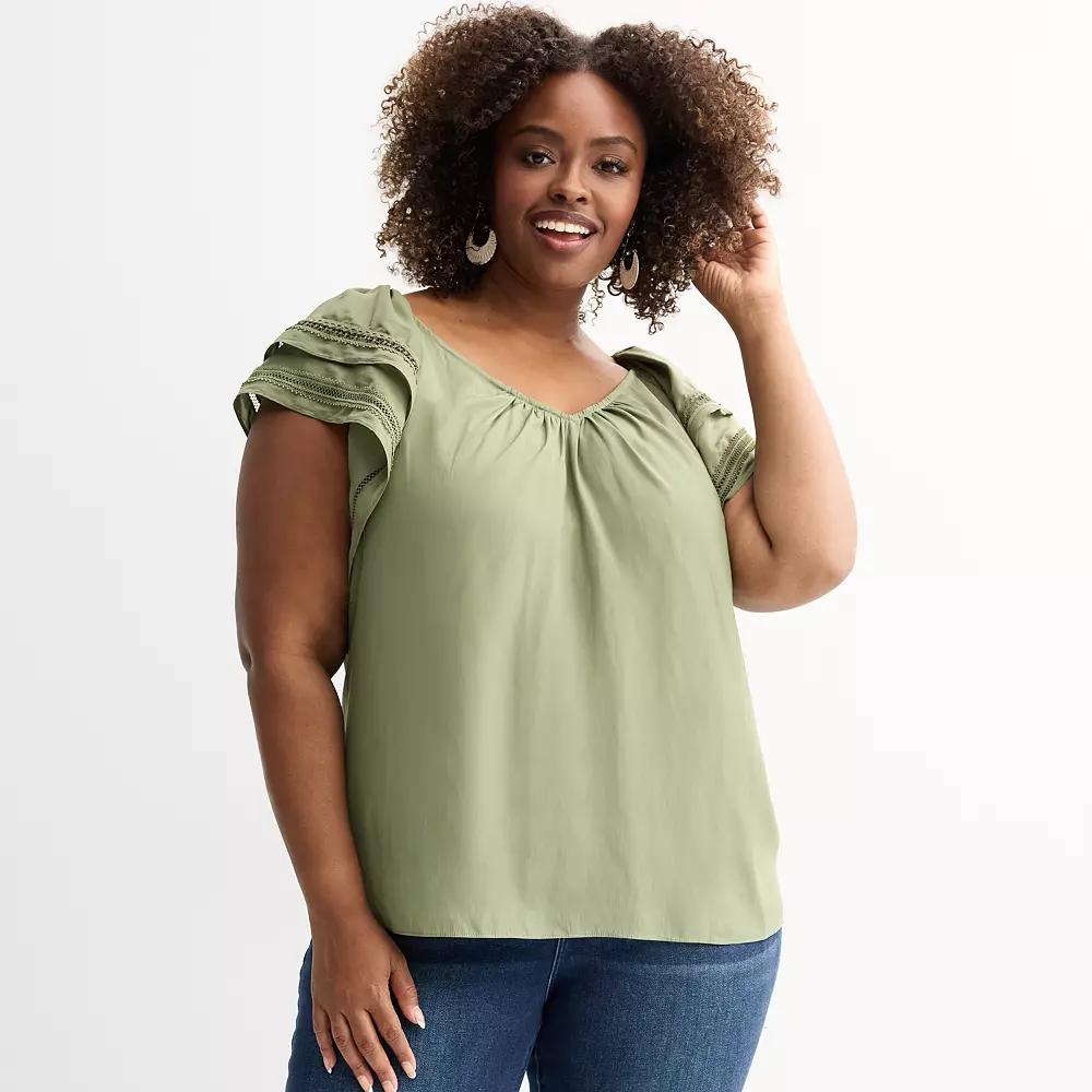 Plus Size Chelsea & Theodore Ruffle Sleeve Blouse, Women's, Size: 1XL, Olive Green Product Image