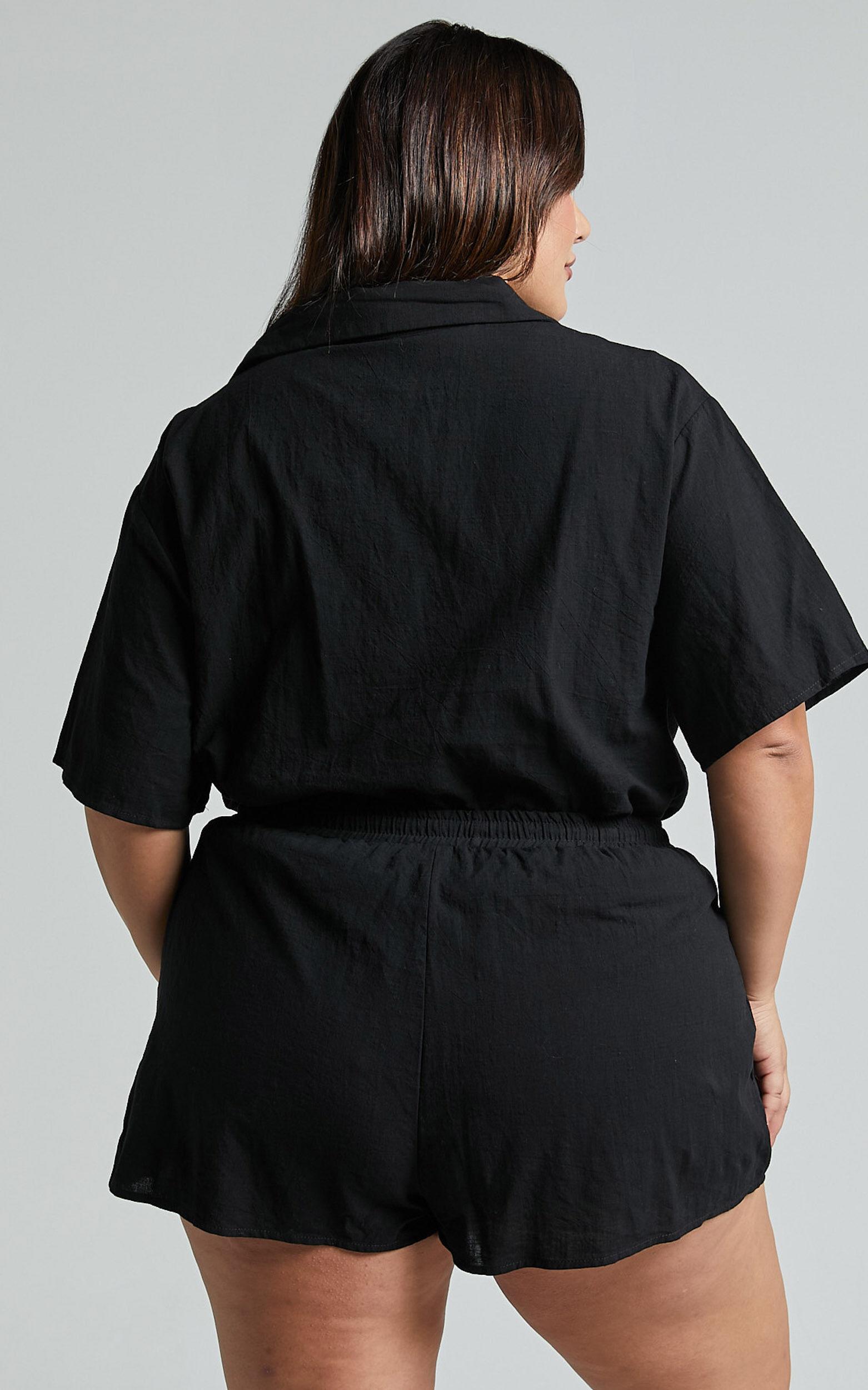 Vina Del Mar Two Piece Set - Linen Look Shirt and Shorts Set in Black Product Image