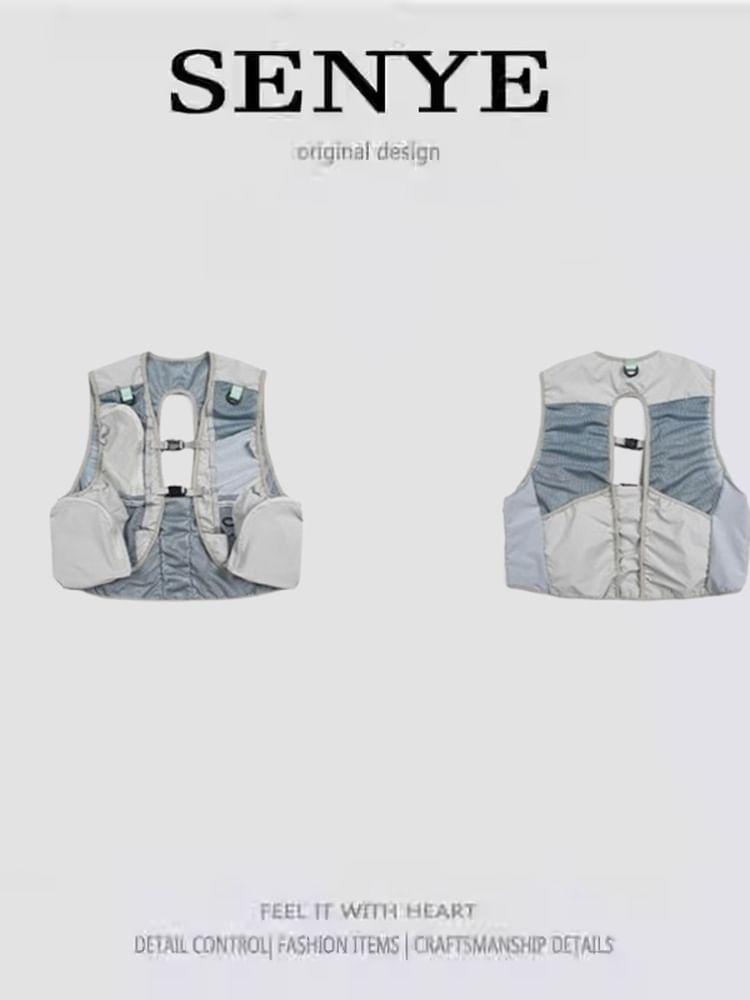 V-Neck Panel Mesh Crop Buckle Cargo Vest Product Image