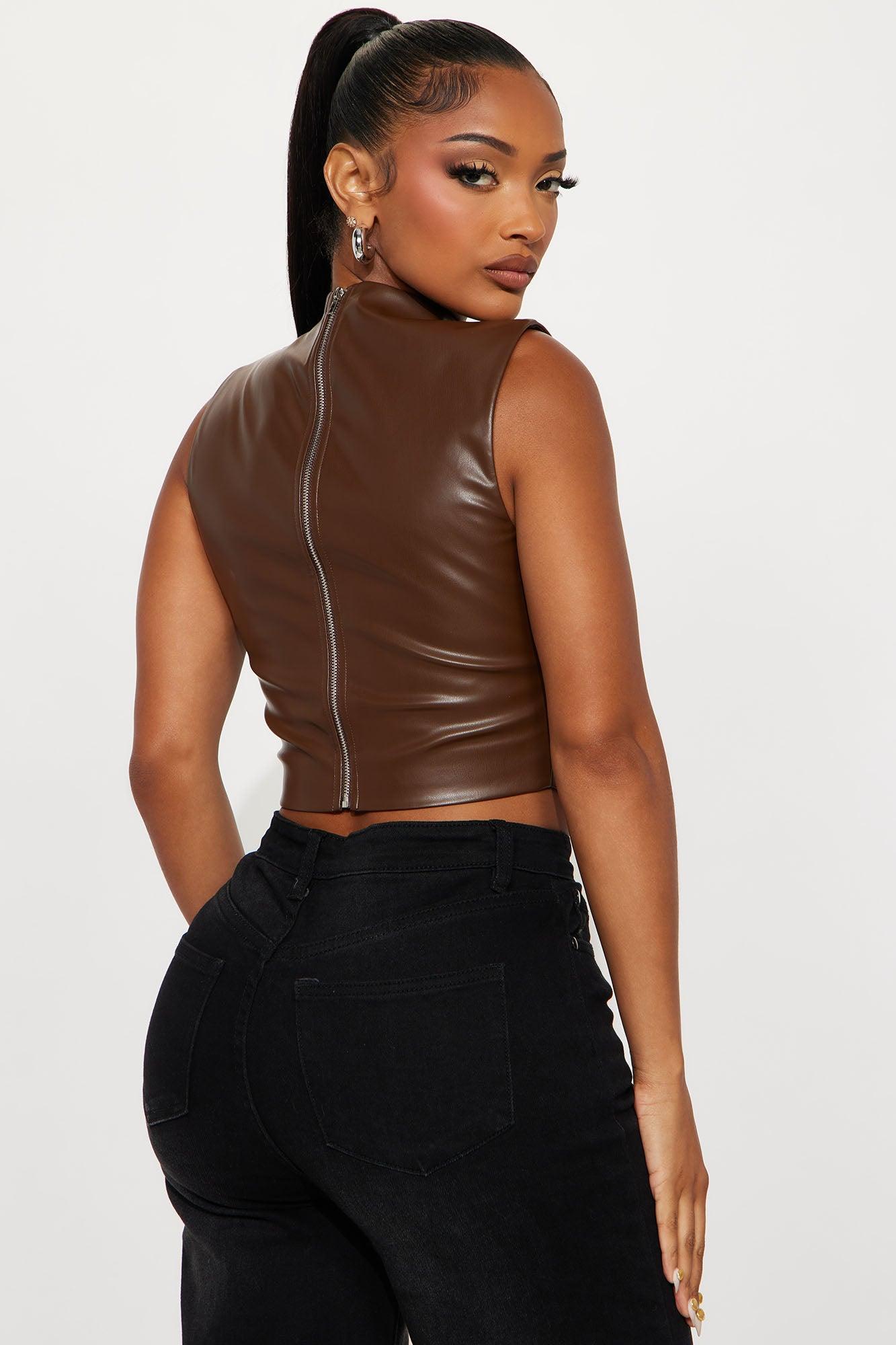 Fall Out Faux Leather Top - Brown Female Product Image