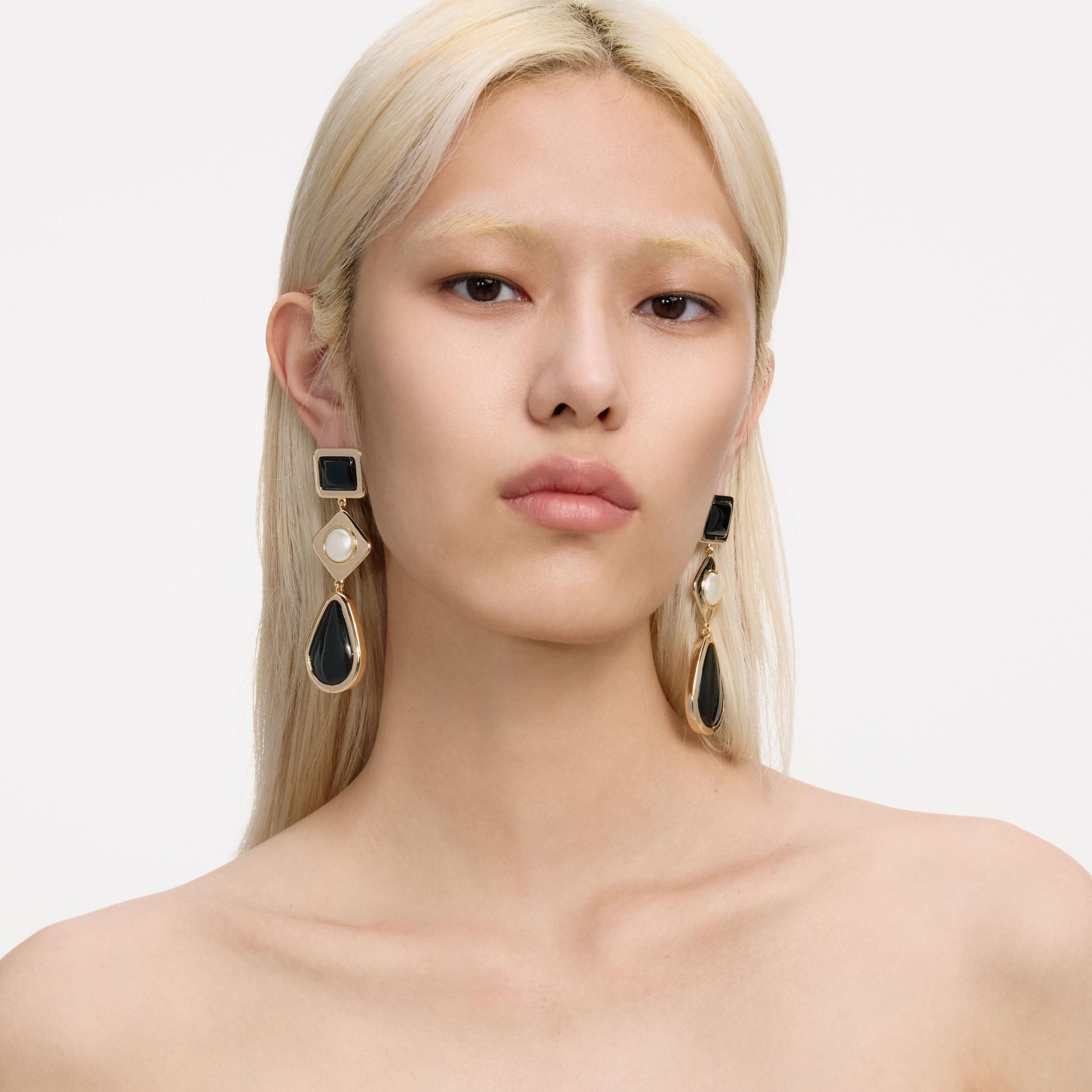 Black Enamel Gold Three Tiered Earrings Product Image