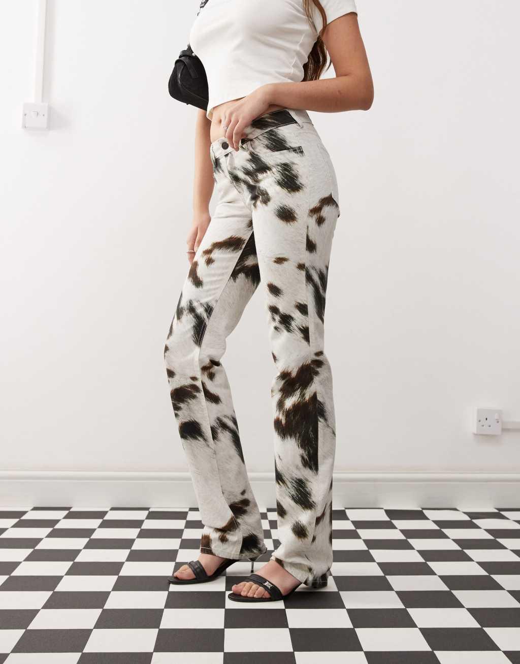 Weekday low rise straight leg pants in cow print Product Image